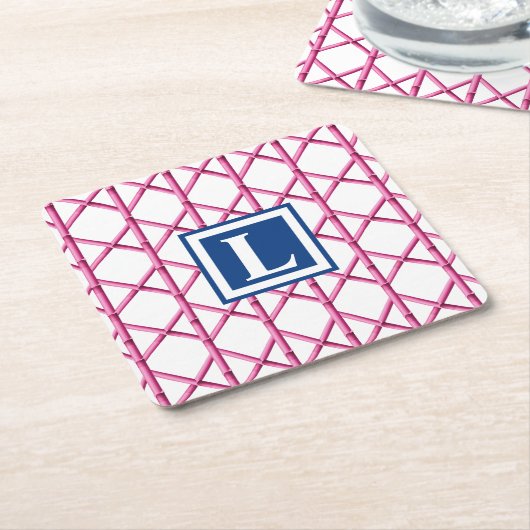 Preppy Roze Marine Trellis Bamboe Patroon Monogram Kartonnen Onderzetters (Schuin)