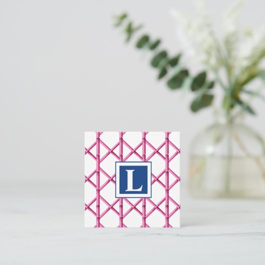 Preppy Roze Marine Trellis Bamboe Patroon Monogram Notitiekaartje (Staand voorkant)
