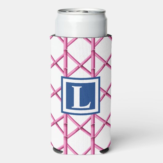 Preppy Roze Marine Trellis Bamboe Patroon Monogram Seltzer Blikjeskoeler (Seltzer Achterkant)