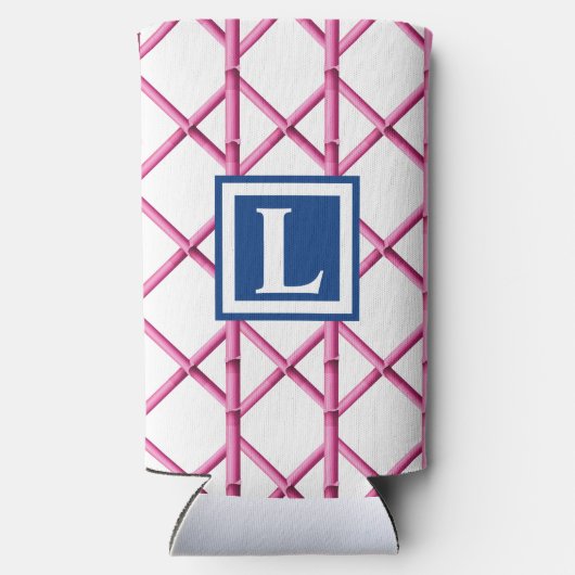 Preppy Roze Marine Trellis Bamboe Patroon Monogram Seltzer Blikjeskoeler (Achterkant)