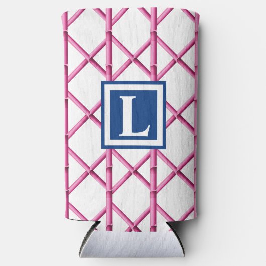 Preppy Roze Marine Trellis Bamboe Patroon Monogram Seltzer Blikjeskoeler (Voorkant)