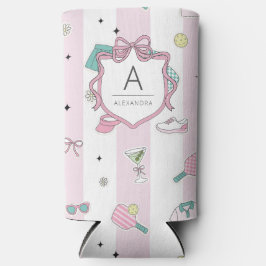 Preppy Roze Monogram Pickleball Cadeau voor Haar Seltzer Blikjeskoeler