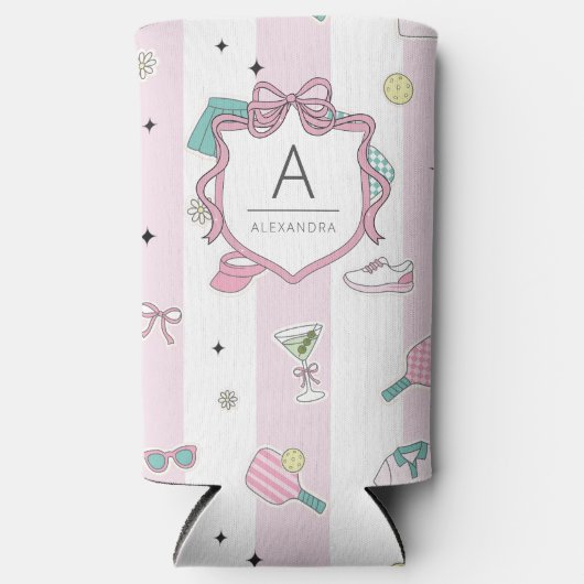Preppy Roze Monogram Pickleball Cadeau voor Haar Seltzer Blikjeskoeler (Voorkant)