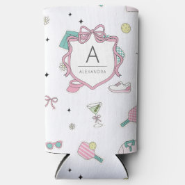 Preppy Roze Monogram Pickleball Cadeau voor Haar Seltzer Blikjeskoeler