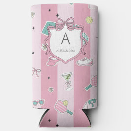 Preppy Roze Monogram Pickleball Cadeau voor Haar Seltzer Blikjeskoeler