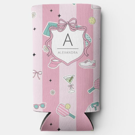 Preppy Roze Monogram Pickleball Cadeau voor Haar Seltzer Blikjeskoeler (Voorkant)