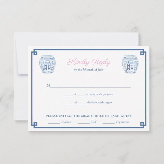 Preppy Roze & Navy Blauw Bruiloft Voedsel Keuzen RSVP Kaartje (Achterkant)