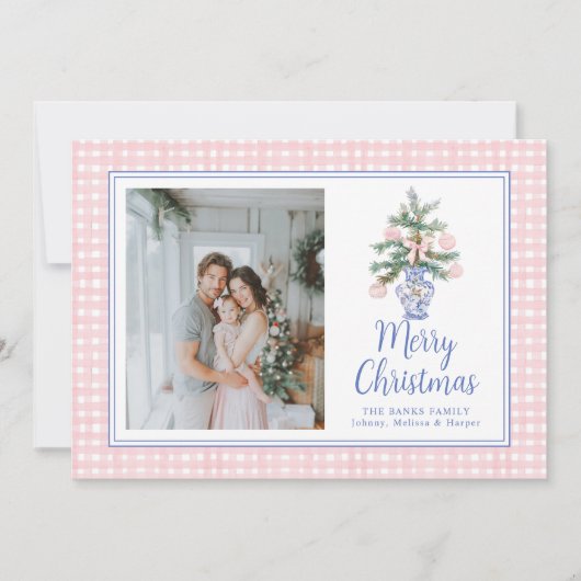 Preppy Roze Ornamenten Watercolor Kerstboom Feestdagenkaart (Voorkant)