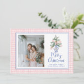 Preppy Roze Ornamenten Watercolor Kerstboom Feestdagenkaart (Staand voorkant)