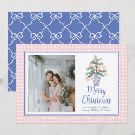 Preppy Roze Ornamenten Watercolor Kerstboom Feestdagenkaart