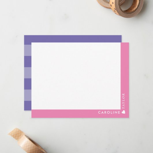 Preppy Roze Paarse Strepen Cute Meisjesachtig Pers Notitiekaartje (Voorkant / Achterkant in situ)