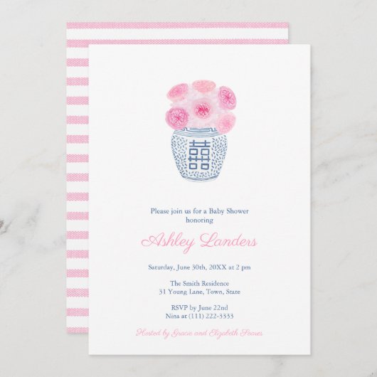 Preppy Roze Rozen Ginger Jar Meisje Baby shower In Kaart (Voorkant / Achterkant)