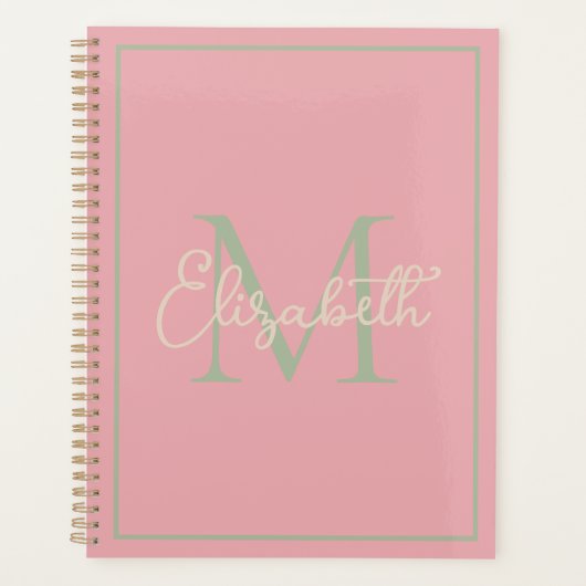 Preppy roze salie groen en crème monogram planner (Voorkant)