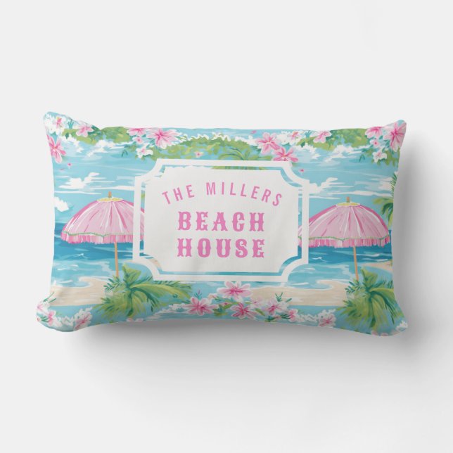 Preppy roze strand paraplu | Beach House Buitenkussen (Voorkant)