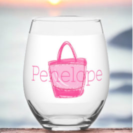 Preppy roze strandtas gepersonaliseerd wijnglas zonder voet