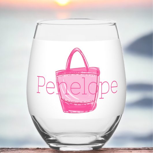 Preppy roze strandtas gepersonaliseerd wijnglas zonder voet