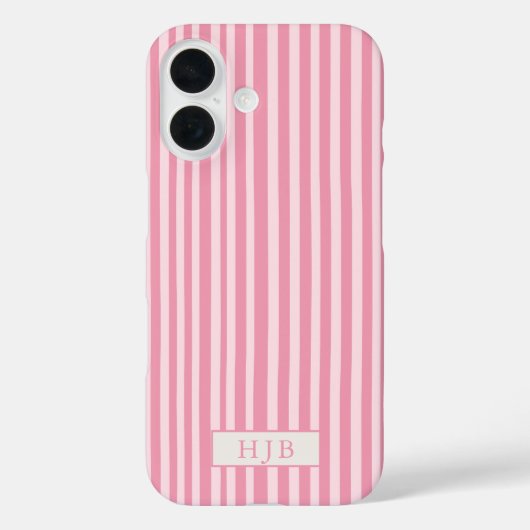 Preppy Roze Streep Monogram iPhone 16 Hoesje (Achterkant)