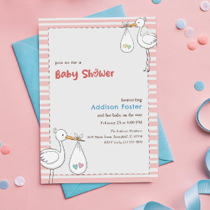 Preppy Roze Streep Ooievaar Meisje Baby Shower Kaart
