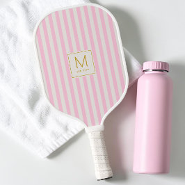 Preppy Roze Strepen Eenvoudige Gouden Initiaal Mon Pickleball Paddle