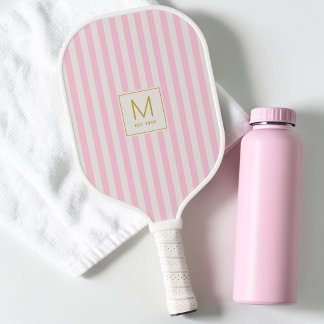 Preppy Roze Strepen Eenvoudige Gouden Initiaal Mon Pickleball Paddle
