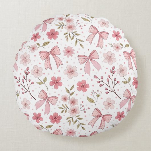 Preppy Roze strik en bloemen Rond Kussen (Voorkant)