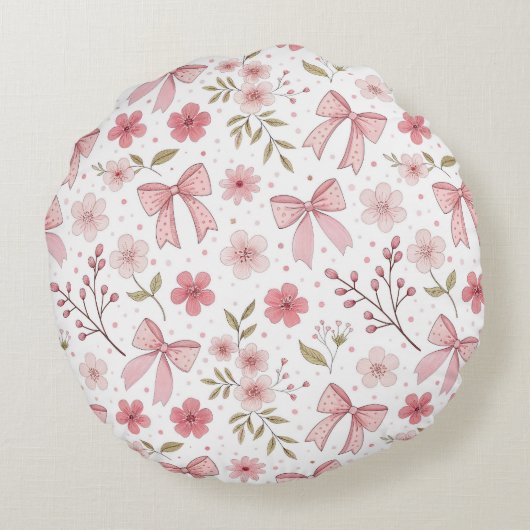 Preppy Roze strik en bloemen Rond Kussen (Achterkant)