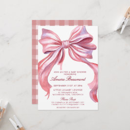 Preppy Roze Strik en Gingham Meisje Baby Shower Ui Kaart