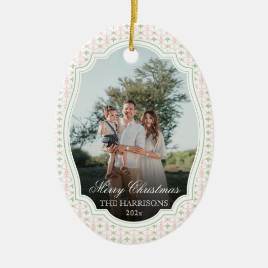 Preppy Roze Strik Kerst Notenkraker 2 foto's Keramisch Ornament (Voorkant)