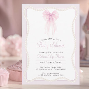 Preppy roze strik parels grandmillennial baby show kaart