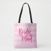 Preppy Roze Stripes het Manuscript Bridesmaid van  Tote Bag (Voorkant)