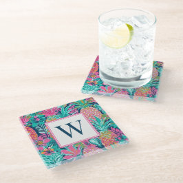 Preppy Roze Teal Marineblauw Ananas Monogram Glazen Onderzetter