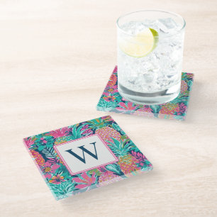 Preppy Roze Teal Marineblauw Ananas Monogram Glazen Onderzetter