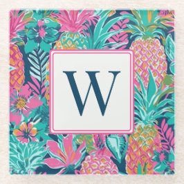 Preppy Roze Teal Marineblauw Ananas Monogram Glazen Onderzetter