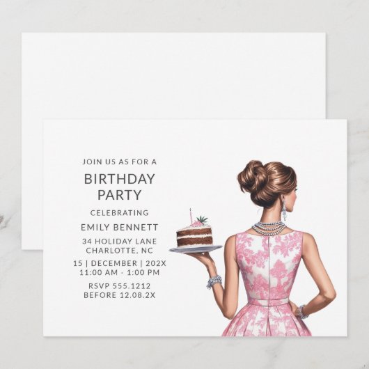 Preppy roze tegel verjaardagsfeestje kaart (Voorkant / Achterkant)