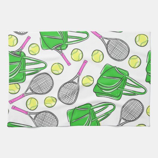 Preppy roze tennisracket groen patroon theedoek (Horizontaal)