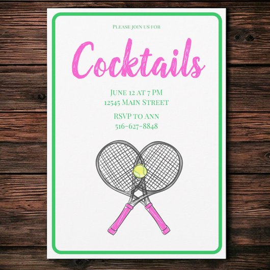 Preppy Roze Tennisrackets Cocktailparty Kaart