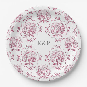 Preppy Roze Toile Hortensia Bow met Naam Papieren Bordje