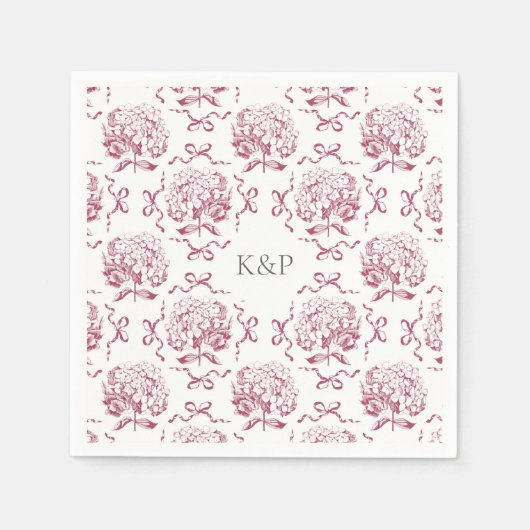 Preppy Roze Toile Hortensia Bow met Naam Servet (Voorkant)