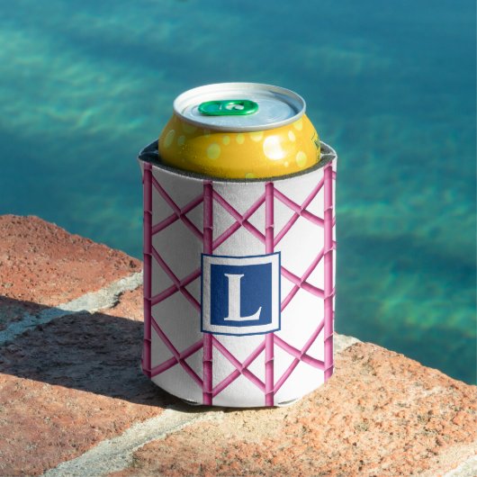 Preppy Roze Traliewerk Bamboe Patroon Monogram Blikjeskoeler (Insitu Zwembad)