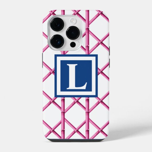 Preppy Roze Traliewerk Bamboe Patroon Monogram iPhone Hoesje (Achterkant)