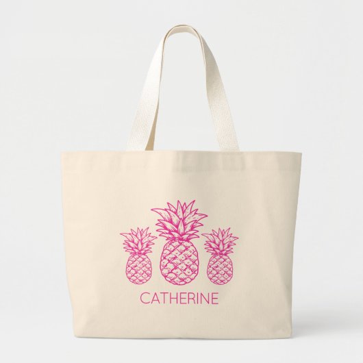 Preppy Roze Tropische Ananas Gepersonaliseerd Grote Tote Bag (Voorkant)