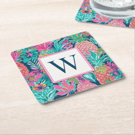 Preppy Roze Turquoise Marineblauw Ananas Monogram Kartonnen Onderzetters