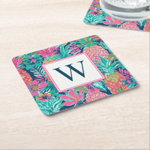 Preppy Roze Turquoise Marineblauw Ananas Monogram Kartonnen Onderzetters