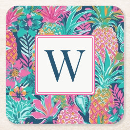 Preppy Roze Turquoise Marineblauw Ananas Monogram Kartonnen Onderzetters