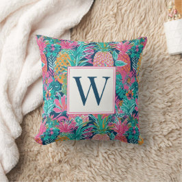 Preppy Roze Turquoise Marineblauw Ananas Monogram Kussen