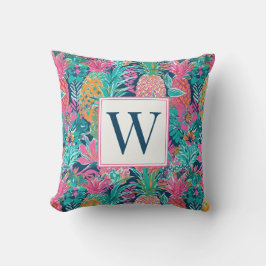 Preppy Roze Turquoise Marineblauw Ananas Monogram Kussen