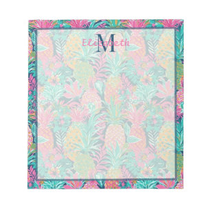Preppy Roze Turquoise Marineblauw Ananas Monogram Notitieblok