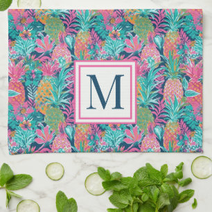 Preppy Roze Turquoise Marineblauw Ananas Monogram Theedoek
