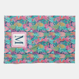 Preppy Roze Turquoise Marineblauw Ananas Monogram Theedoek