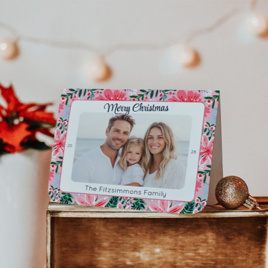 Preppy Roze Vakantie Bloemen Foto Feestdagen Kaart